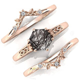 Sterling Silver 10K 14K 18K Personalized Engraved 2CT Natural Black Rutilated Quartz Engagement Ring Set
