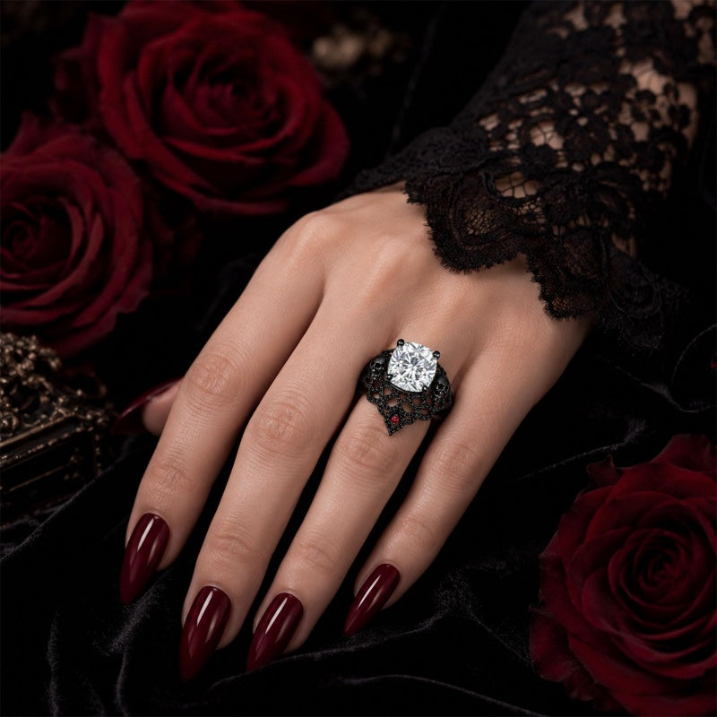 Sterling Silver 10K 14K 18K Gold Moissanite Gothic Black  Engagement Wedding Ring  for Women