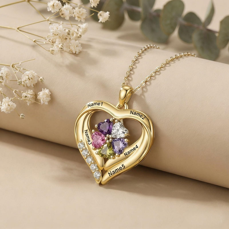 14K Gold Plated Personalized 1-5 Heart Birthstone Names Necklace  for Women