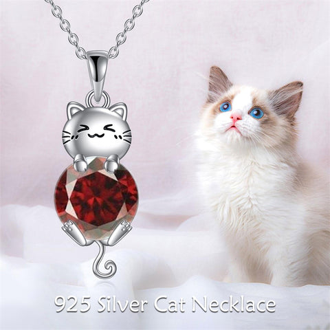 Silver Cat 12 Month Birthstone Pendant Necklace