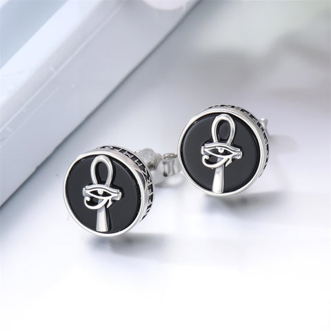 Sterling Silver Black Onyx Tree of Life Ankh Cross Skull Valknu Viking Stud Earrings