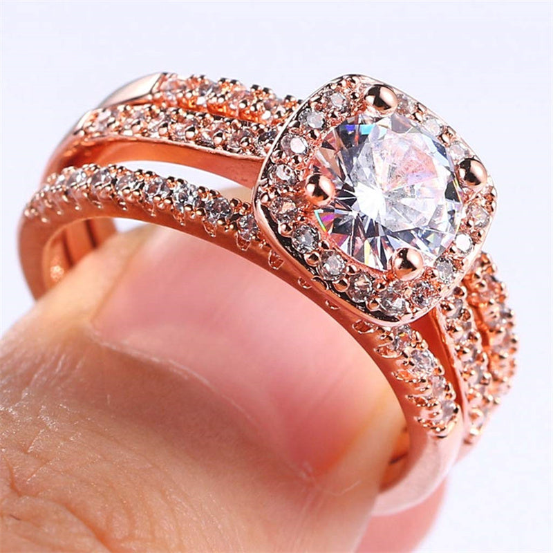 Copper Cubic Zirconia Three-in-One Halo Engagement Wedding Band Ring Set