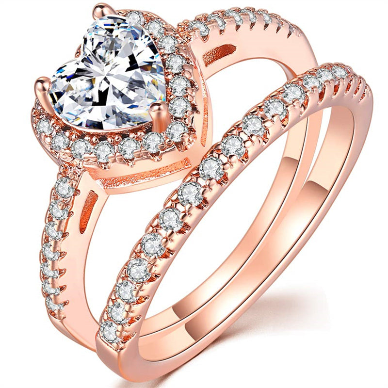 Copper Heart Shaped Cubic Zirconia Eternity Engagement Wedding Band Ring Set