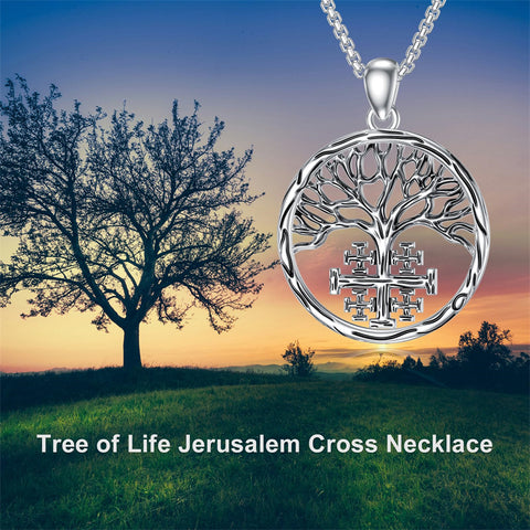 Sterling Silver Jerusalem Tree of Life Cross Religious Pendant Necklace