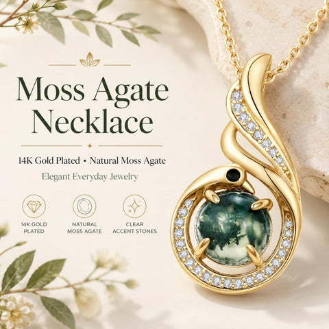 14K Gold Plated Moss Agate Pendant Necklace Boho Jewelry for Women