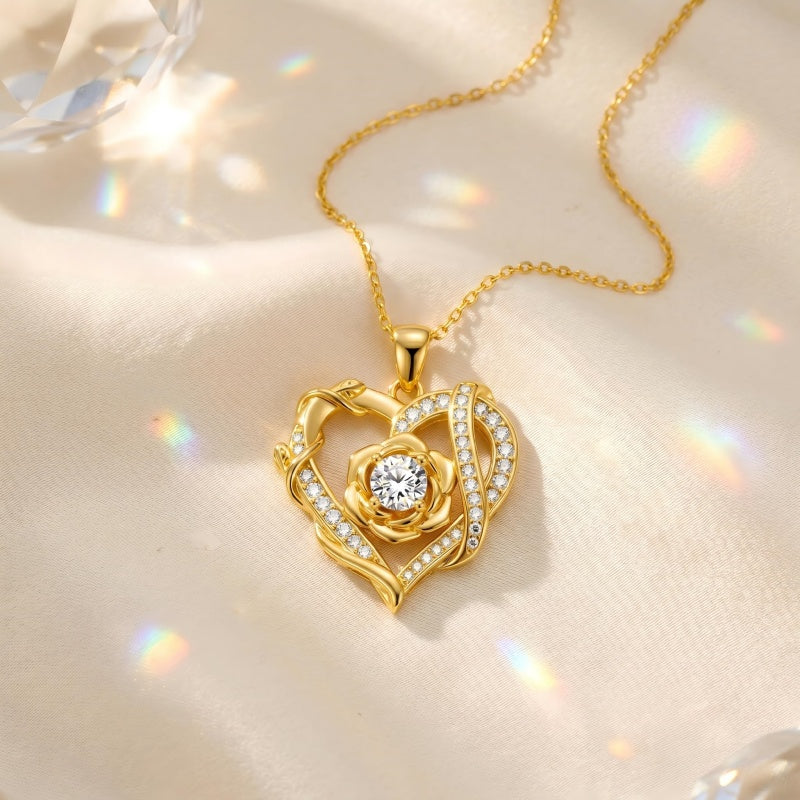 Heart Rose Pendant Necklace for Women  14K Gold Plated Mothers Day  Anniversary Birthday Gift
