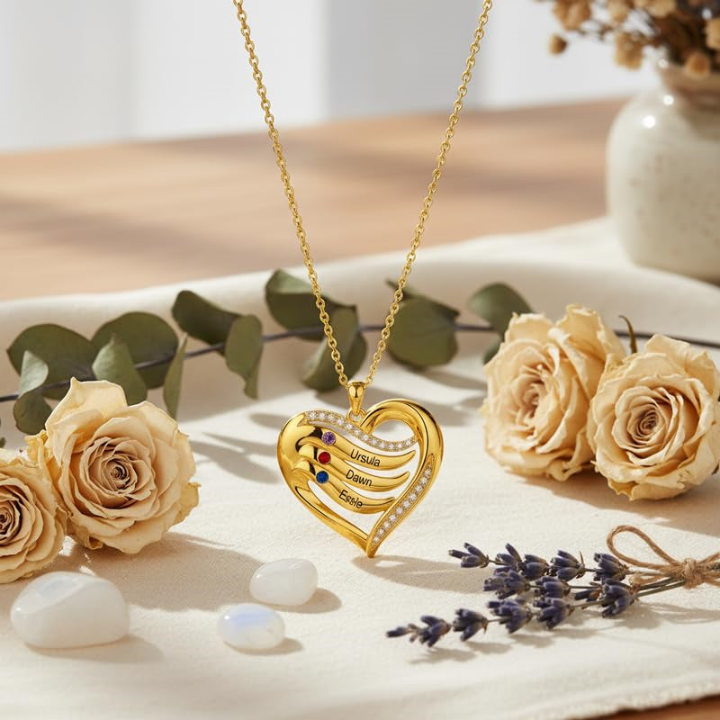 10K 14K 18K Gold  Personalized 1-4 Birthstones Engraved Heart Necklace for Women