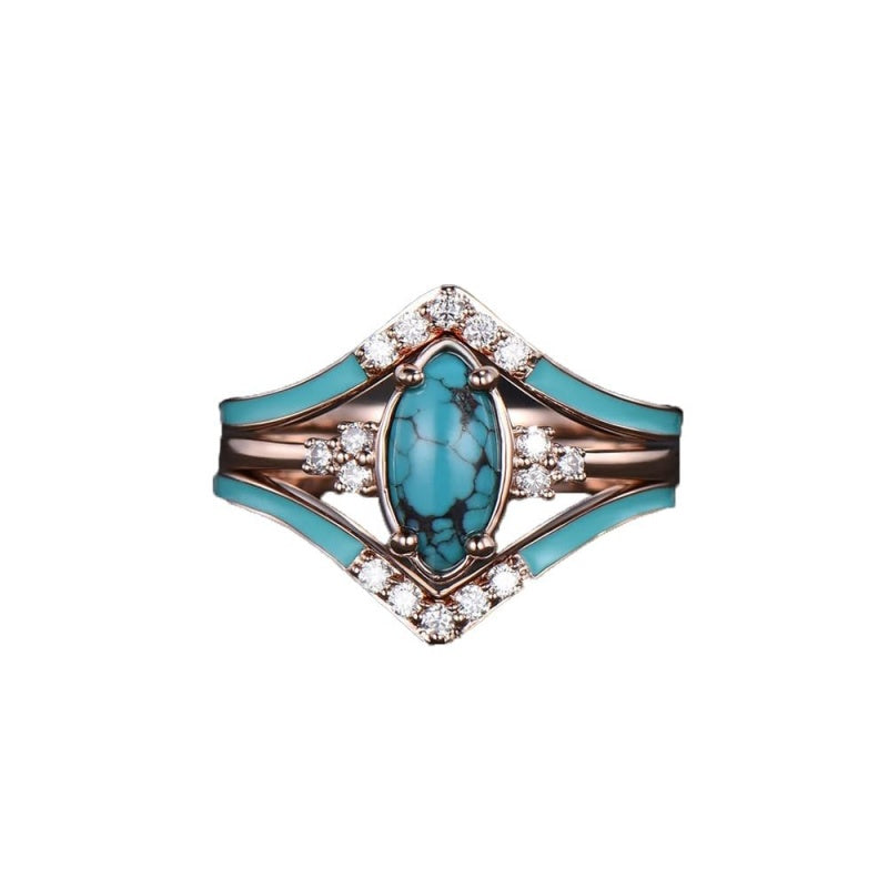 Sterling Silver 10K 14K 18K Gold Turquoise Engagement  Wedding Ring Set for Women