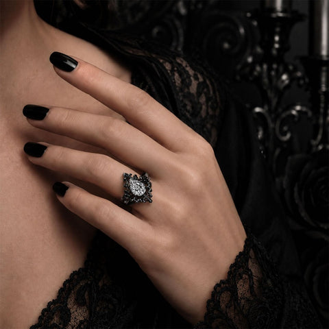 Sterling Silver 10K 14K 18K Gold Moissanite Gothic Black  Engagement Wedding Ring  for Women