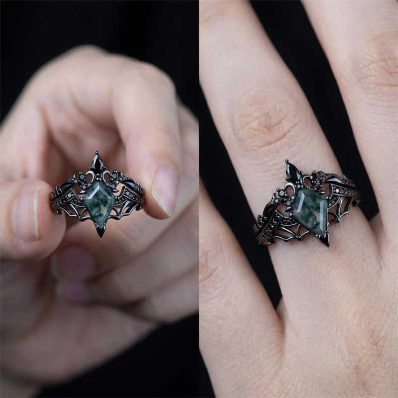 Sterling Silver 10K 14K  18K Gold Personalized Engraved Moss Agate Gothic Promise Wedding Engagement Black Ring Set
