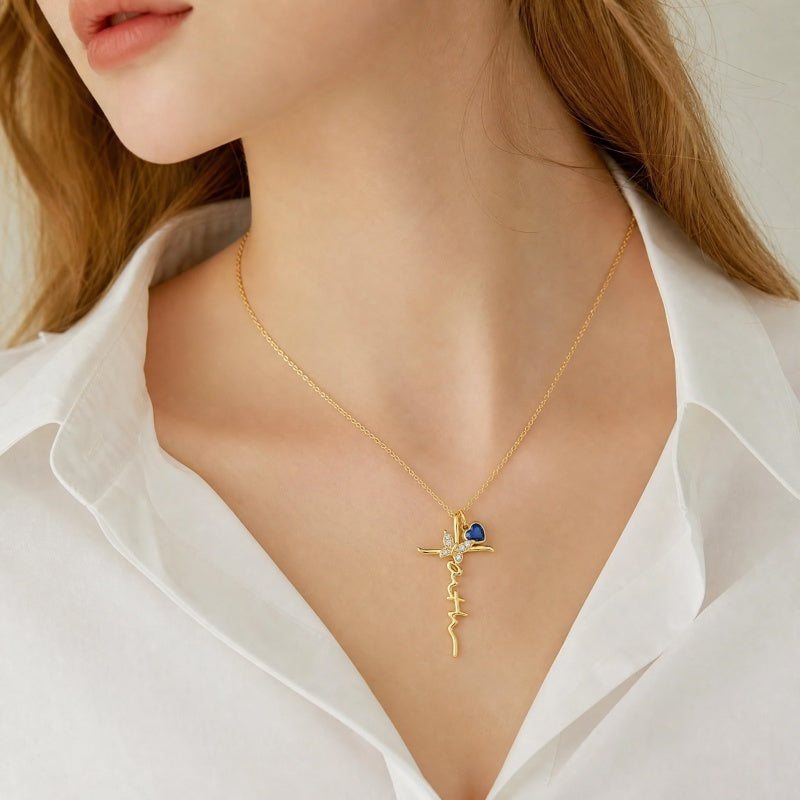 14K Gold Plated  Birthstone  Cross Butterfly Necklace for Women