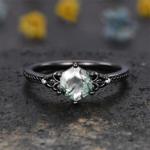 Sterling Silver 10K 14K 18K Gold Natural Leaf  Moss Agate Engagement Anniversary Couple Ring Sets