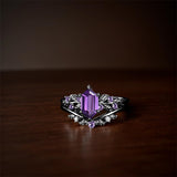 Sterling Silver Hexagon Gemstone Vintage Leaf Engagement Wedding Anniversary Ring Set