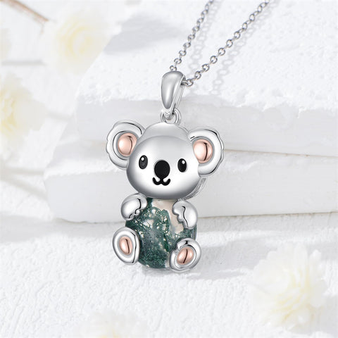 Sterling Silver Moss Agate Hippo Koala Elephant Teddy Bear Pendant Necklace