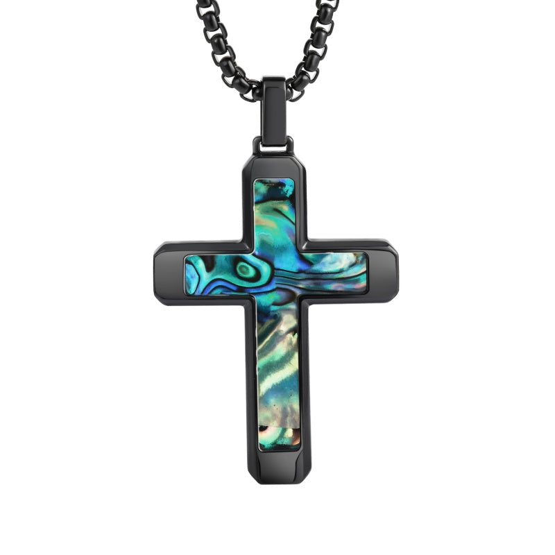 14K Gold Plated Wooden Abalone Shell Cross Pendant Necklacefor Men