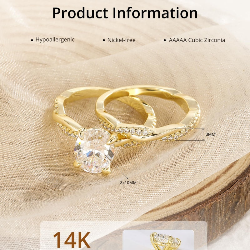 14K Gold Plated 3CT Oval Cut Twisting Infinity Pave Engagement Bridal Ring Sets  for Women