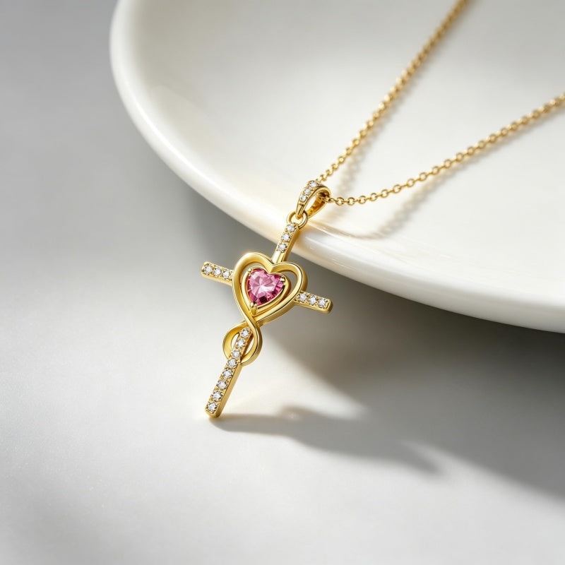 14K Gold Plated Dainty Heart Birthstone Pendant Cross Necklace for Women Religious Gift