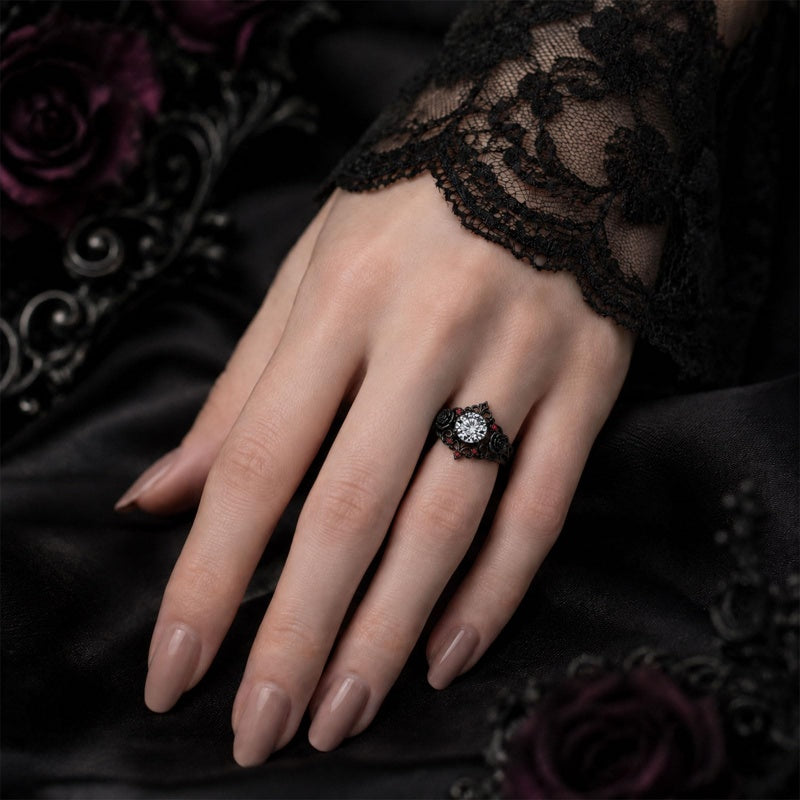 Sterling Silver 10K 14K 18K Gold Moissanite Gothic Black  Engagement Wedding Ring  for Women
