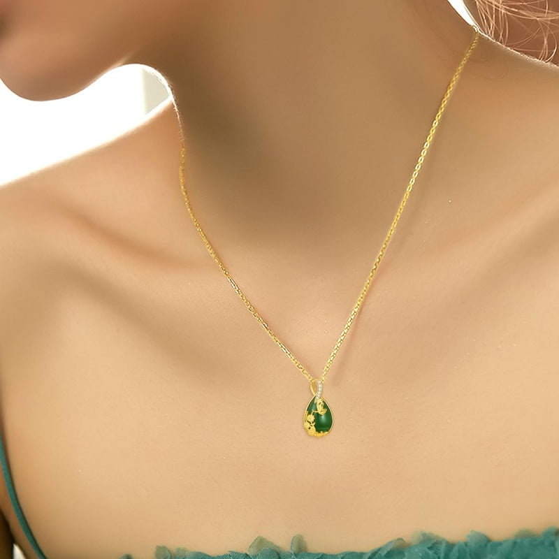 14K Gold Plated Natural Jade Hummingbird Cat Dragonfly Butterfly Bee Pendant Necklace for Women