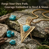 14K Gold Plated Moss Agate Turquoise Valknut Viking Arrow Head Pendant Necklace for Men