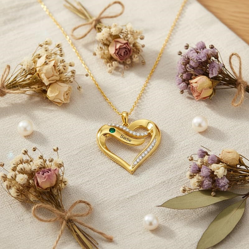 10K 14K 18K Gold  Personalized 1-4 Birthstones Engraved Heart Necklace for Women