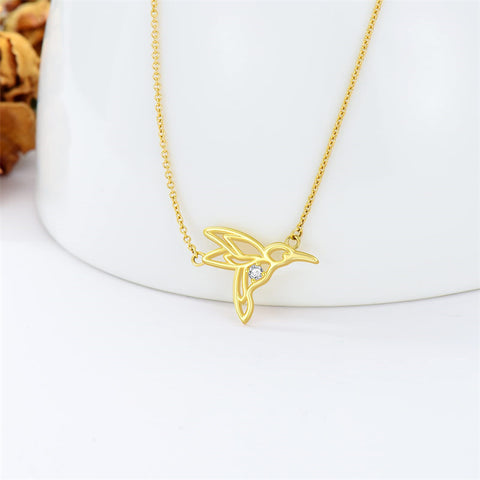 14K Yellow Gold Cubic Zirconia Hummingbird  Pendant Necklace