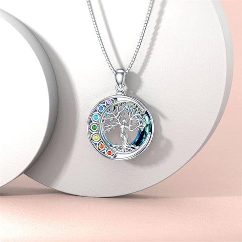 Sterling Silver Crystal Triple Moon Goddess Hamsa Hand Lotus Tree of Life Flower of Life Chakra Pendant Necklace