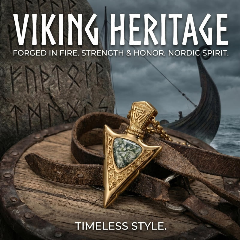14K Gold Plated Moss Agate Turquoise Valknut Viking Arrow Head Pendant Necklace for Men