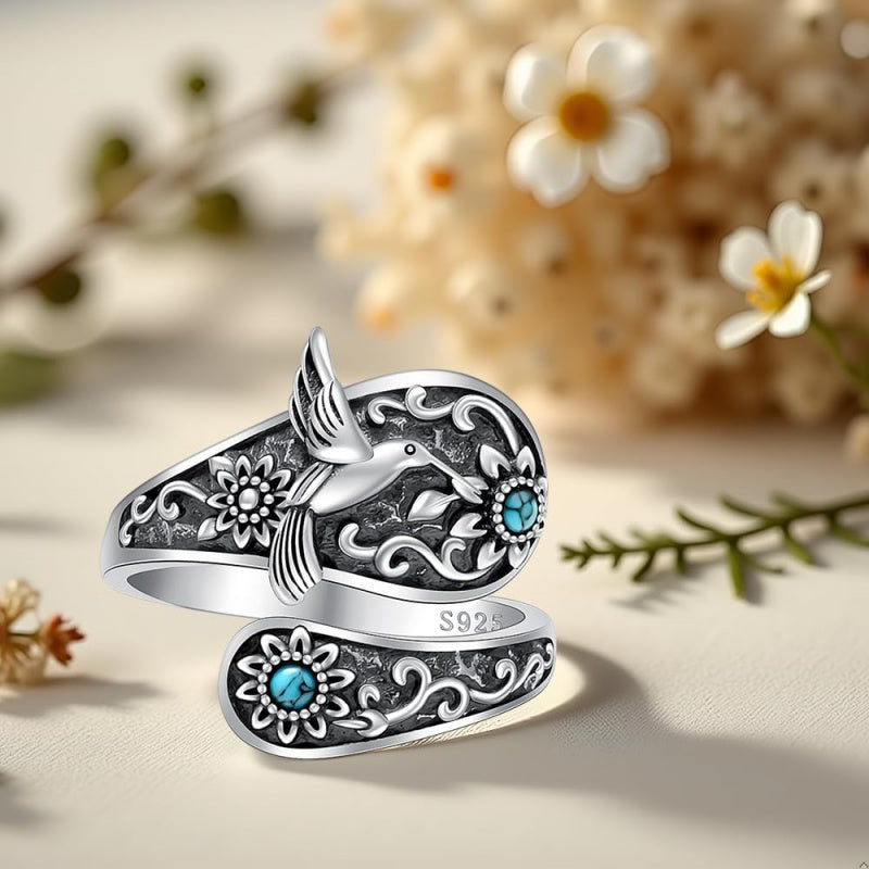 Sterling Silver Turquoise Hummingbird Butterfly Sunflower Adjustable Spoon Ring