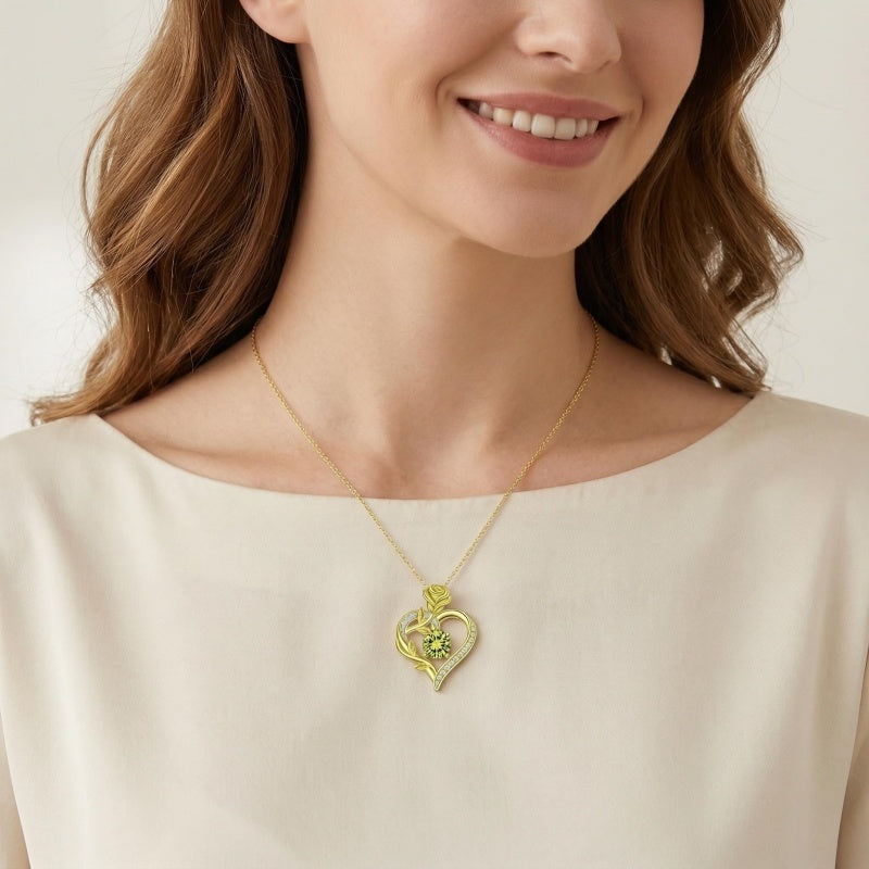 14K Gold Plated 12 Months Birthstone Rose Flower Pendant Necklace Anniversary Birthday Gift