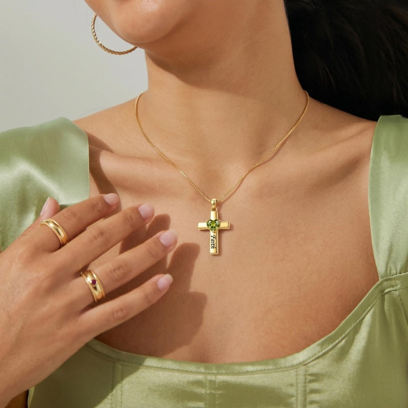 14K Gold Plated Heart Birthstone Cross Necklace for Women Engraved with Faith