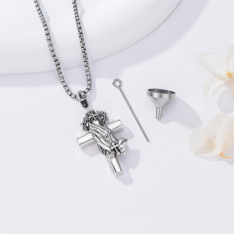 Sterling Silver Crown of Thorns Serenity Prayer Cross Urn Necklace for Ashes