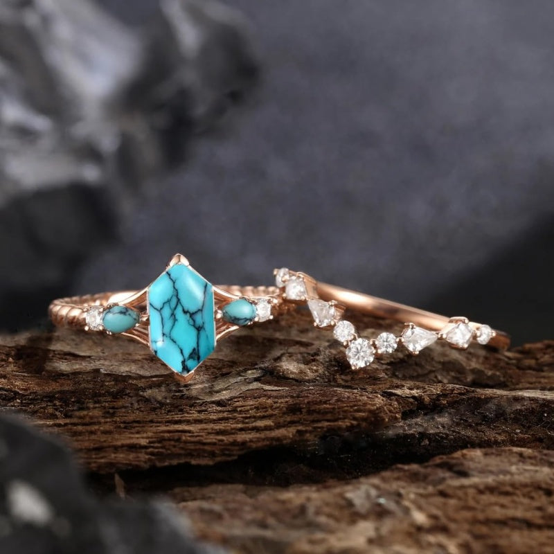 Sterling Silver 10K 14K 18K Gold Turquoise Engagement  Wedding Ring Set for Women