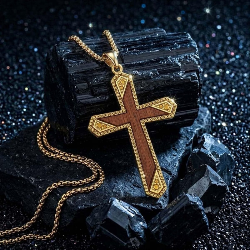14K Gold Plated Wooden Cross Pendant Necklace Christian Catholic Jewelry Religious Gift