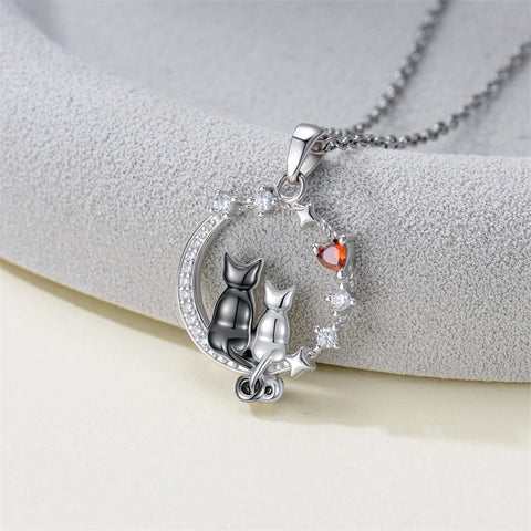 Sterling Silver Cubic Zirconia Two Cats Pendant Necklace