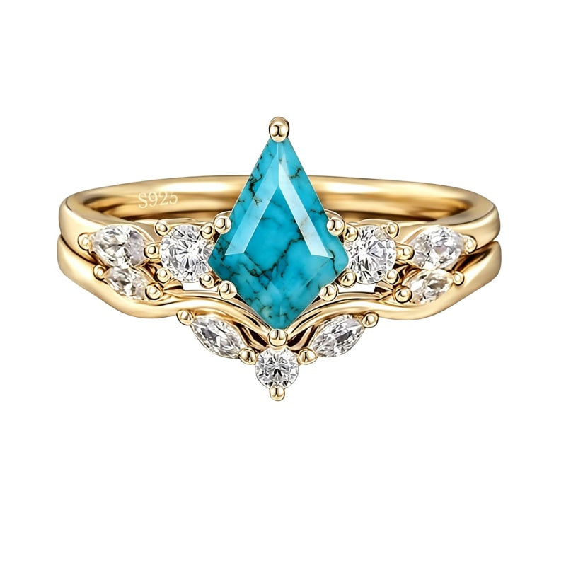 Sterling Silver Personalized Engraved 1-3CT Turquoise Engagement  Wedding Promise Ring Set for Her