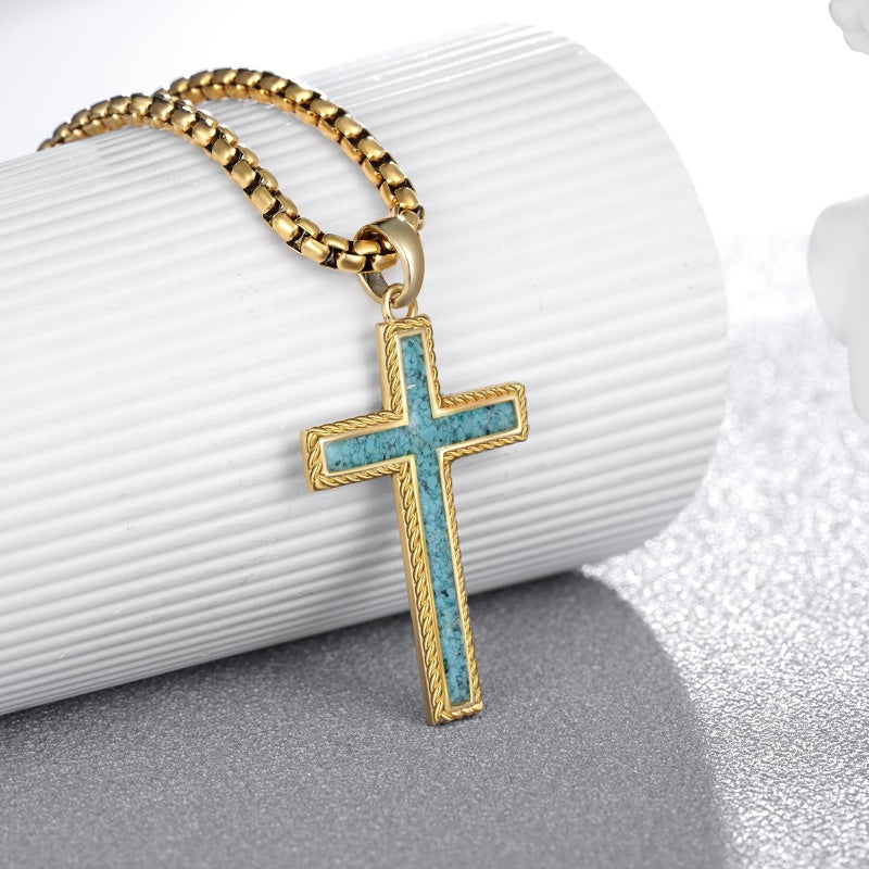 14K Gold Plated Turquoise Malachite Abalone Shell Cross Pendant Necklace for Men