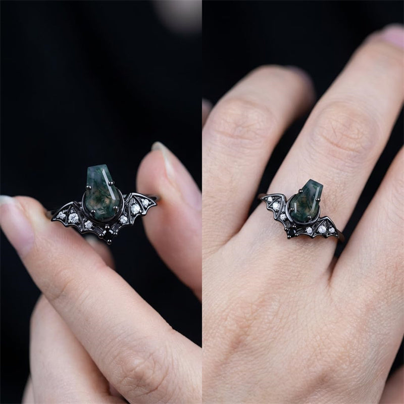 Sterling Silver 10K 14K  18K Gold Personalized Engraved Moss Agate Gothic Promise Wedding Engagement Black Ring Set