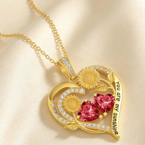 Double Birthstone Necklace 14K Gold Plated You Are My Sunshine Sunflower Necklace Heart Pendant Necklace