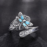 S925 Sterling Silver Turquoise Dragonfly/Highland Cow Spoon Ring Oxidized Wrap Ring  Gifts for Women Girls