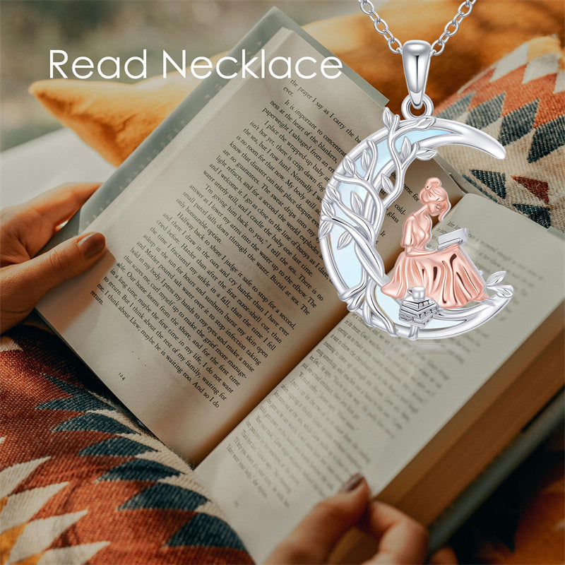 Sterling Silver Moonstone Tree of Life Art Book Pendant Necklace for Book Lover