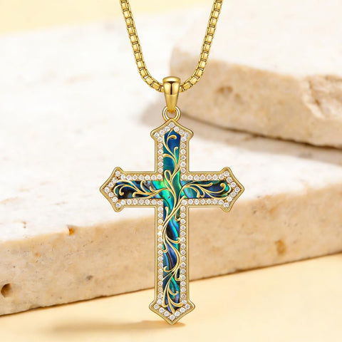 14K Gold Plated Turquoise  Abalone Shell Malachite Wood Filigree Cross Pendant Necklace