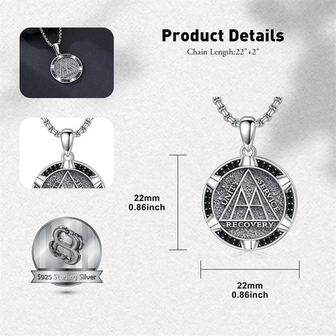 Sterling Silver AA Sobriety Alcoholics Anonymous  Pendant Necklace for Men