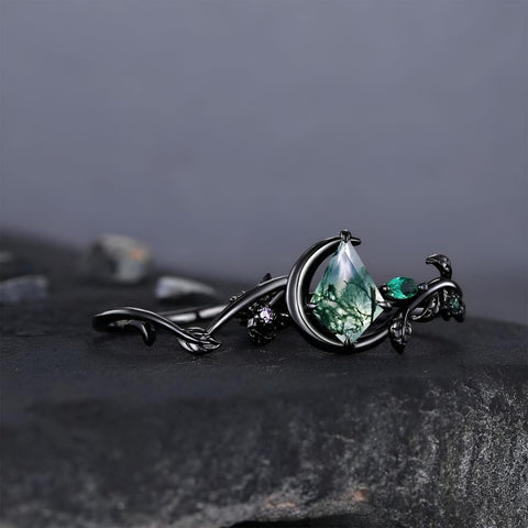 Sterling Silver 2CT Moss Agate  Engagement Wedding Ring Sets for Women