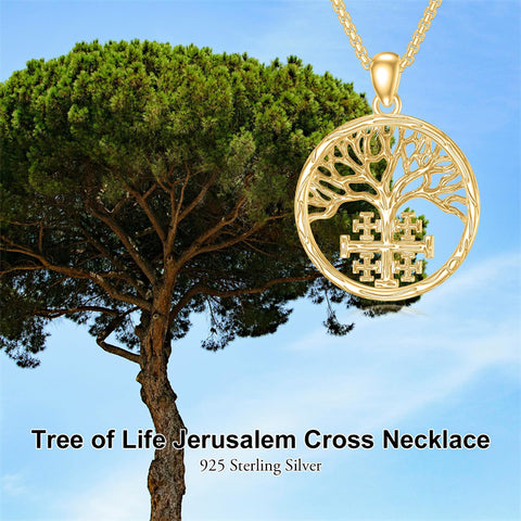Sterling Silver Jerusalem Tree of Life Cross Religious Pendant Necklace