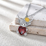 Sterling Silver Heart Birthstone Highland Cow Pendant Necklace