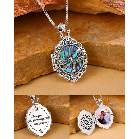 Sterling Silver Turquoise Abalone Shell Dragonfly Photo Locket Necklace