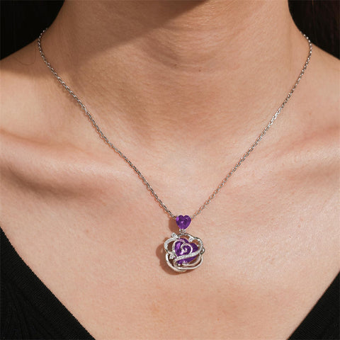 Sterling Silver Thornless Pulse Heart Birthstone  Rose Pendant Necklace