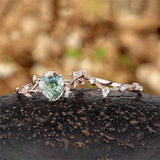 Sterling Silver 2CT Heart Green Moss Agate Wedding Engagement Ring Set for Women