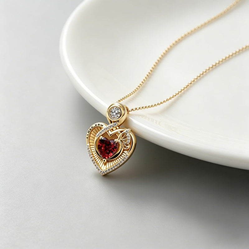 14K Gold Plated  Heart Birthstone Butterfly Necklace Engraved with  I Love You